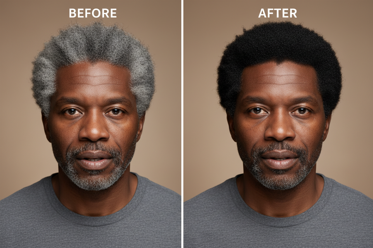 Create a realistic before-and-after image of the same African man. On the left side ('Before'), he has gray hair, showing signs of aging. On the right side ('After'), his hair is fully black, looking youthful, vibrant, and healthy. Keep his facial features, expression, and background consistent in both images. Ensure natural lighting, high detail, and a clear contrast between gray and black hair. Focus on realistic hair texture, natural shine, and a seamless transformation.