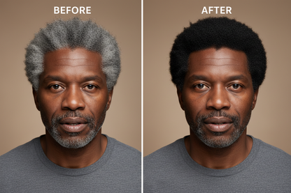 Create a realistic before-and-after image of the same African man. On the left side ('Before'), he has gray hair, showing signs of aging. On the right side ('After'), his hair is fully black, looking youthful, vibrant, and healthy. Keep his facial features, expression, and background consistent in both images. Ensure natural lighting, high detail, and a clear contrast between gray and black hair. Focus on realistic hair texture, natural shine, and a seamless transformation.